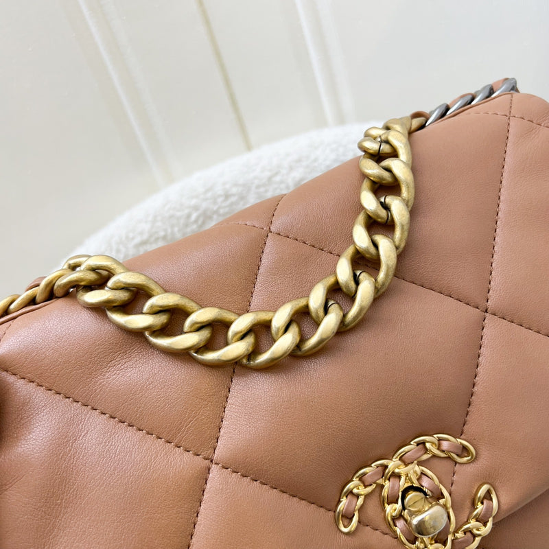 Chanel 19 Small Flap in 21P Caramel Lambskin and 3-tone HW (Model: AS1160)
