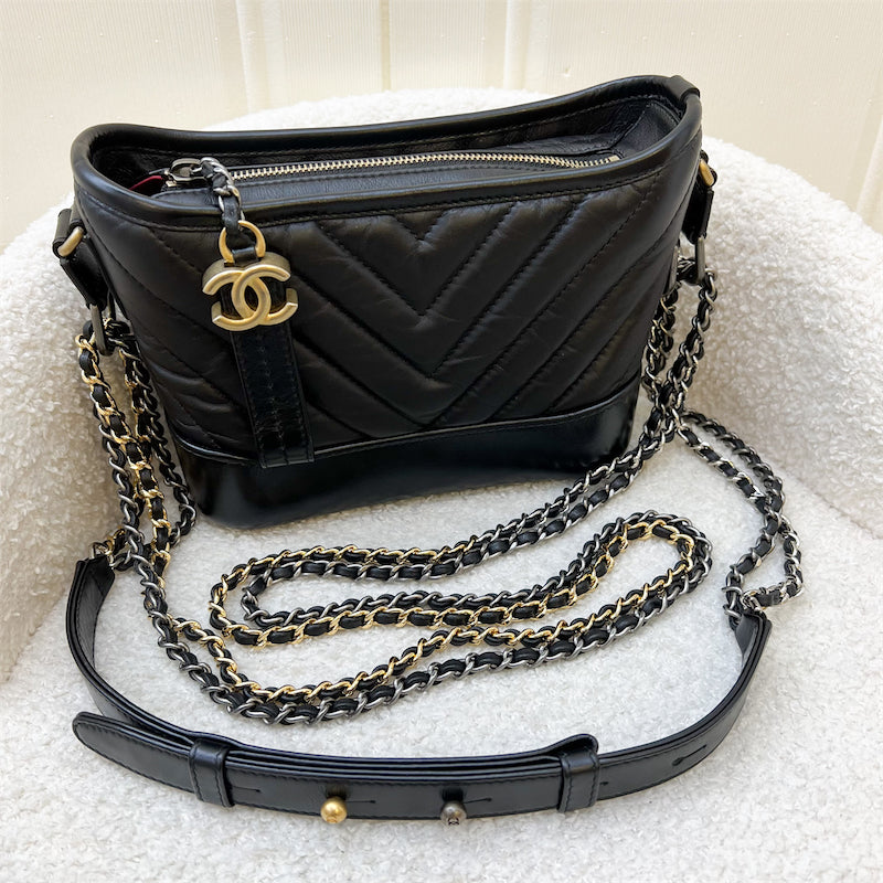 Chanel Small Gabrielle in Chevron Black Distressed Calfskin, Black Base, 3-tone HW