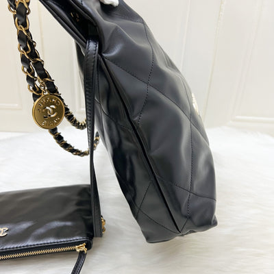 Chanel 22 Small Hobo Bag with White Logo in Black Shiny Calfskin and GHW