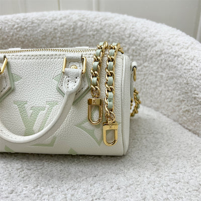 LV Nano Speedy in Bicolor Latte White and Matcha Green Monogram Empreinte leather and GHW