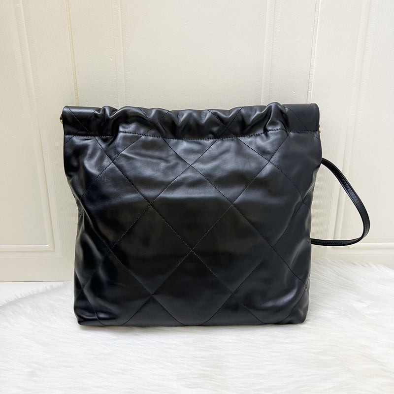 Chanel 22 Small Hobo Bag with White Logo in Black Shiny Calfskin and GHW