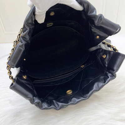 Chanel 22 Small Hobo Bag with White Logo in Black Shiny Calfskin and GHW