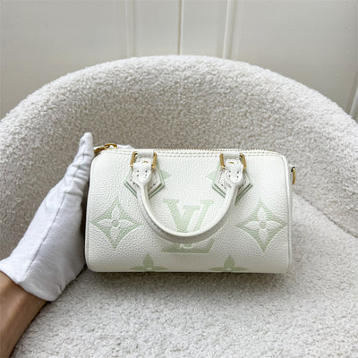 LV Nano Speedy in Bicolor Latte White and Matcha Green Monogram Empreinte leather and GHW