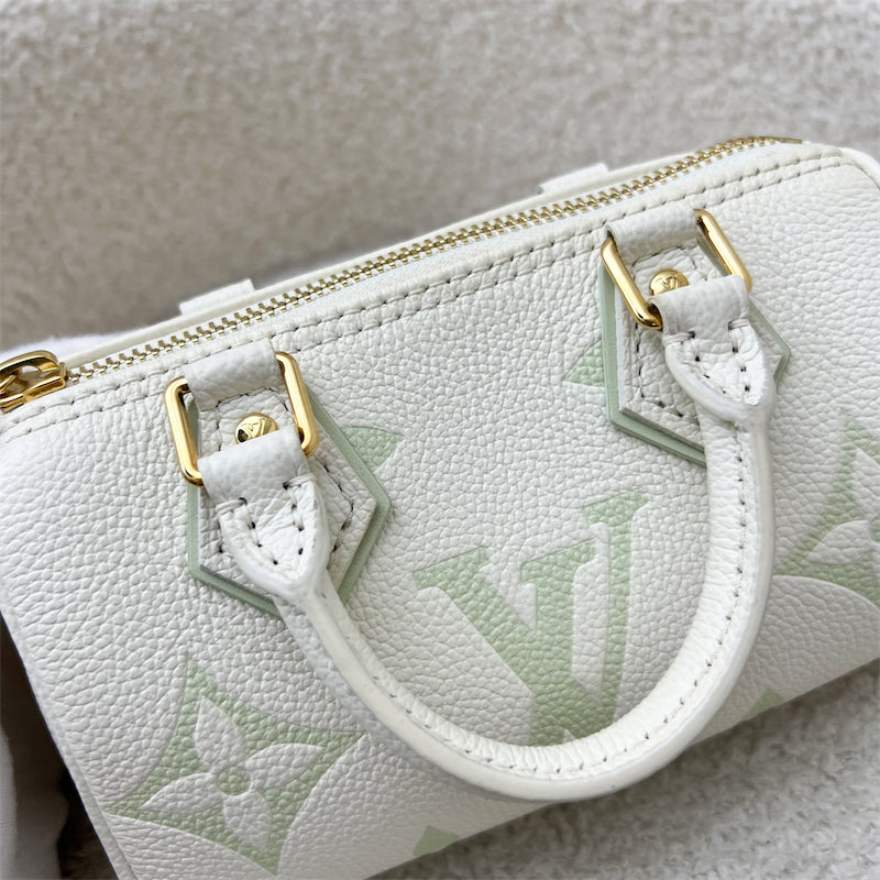 LV Nano Speedy in Bicolor Latte White and Matcha Green Monogram Empreinte leather and GHW