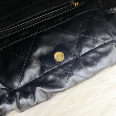 Chanel 22 Small Hobo Bag with White Logo in Black Shiny Calfskin and GHW