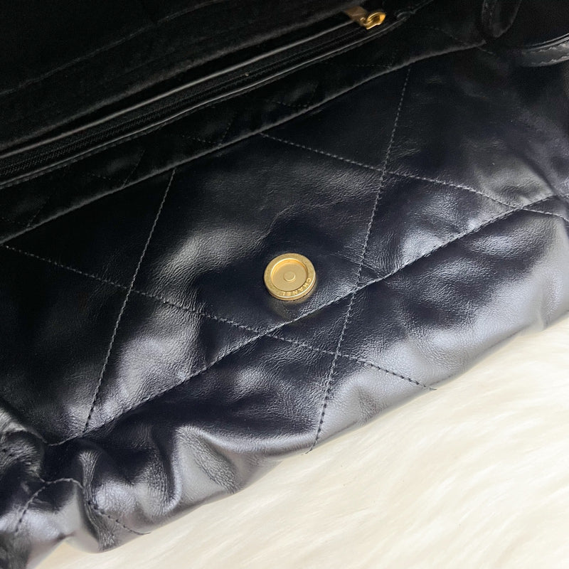 Chanel 22 Small Hobo Bag with White Logo in Black Shiny Calfskin and GHW