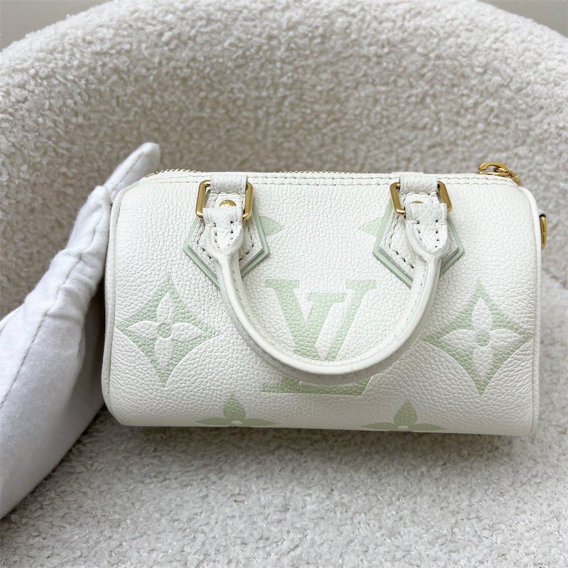 LV Nano Speedy in Bicolor Latte White and Matcha Green Monogram Empreinte leather and GHW