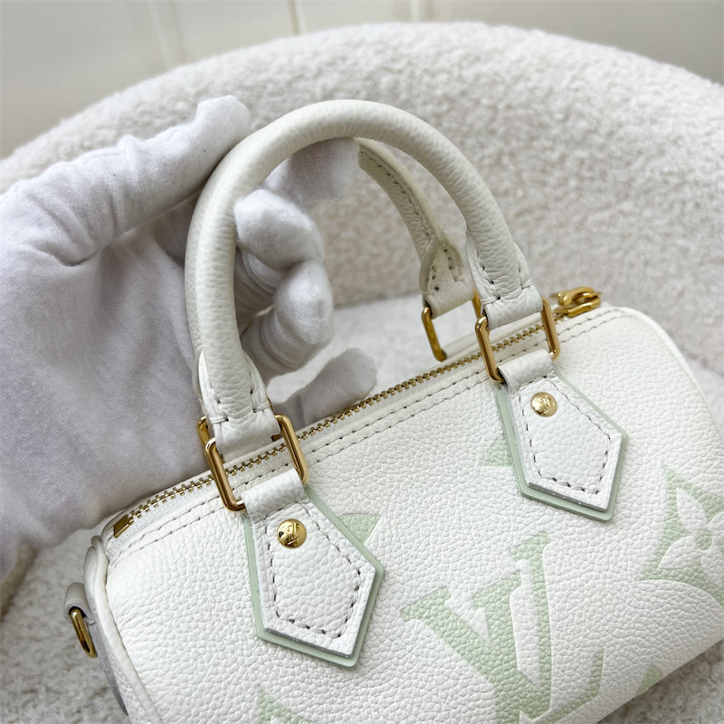 LV Nano Speedy in Bicolor Latte White and Matcha Green Monogram Empreinte leather and GHW