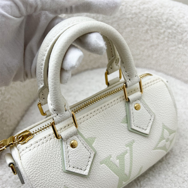 LV Nano Speedy in Bicolor Latte White and Matcha Green Monogram Empreinte leather and GHW