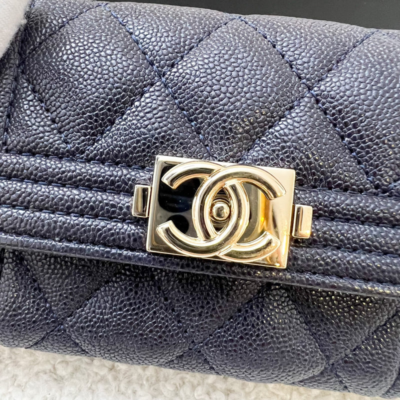 Chanel Boy Snap Card Holder in Navy Caviar and LGHW