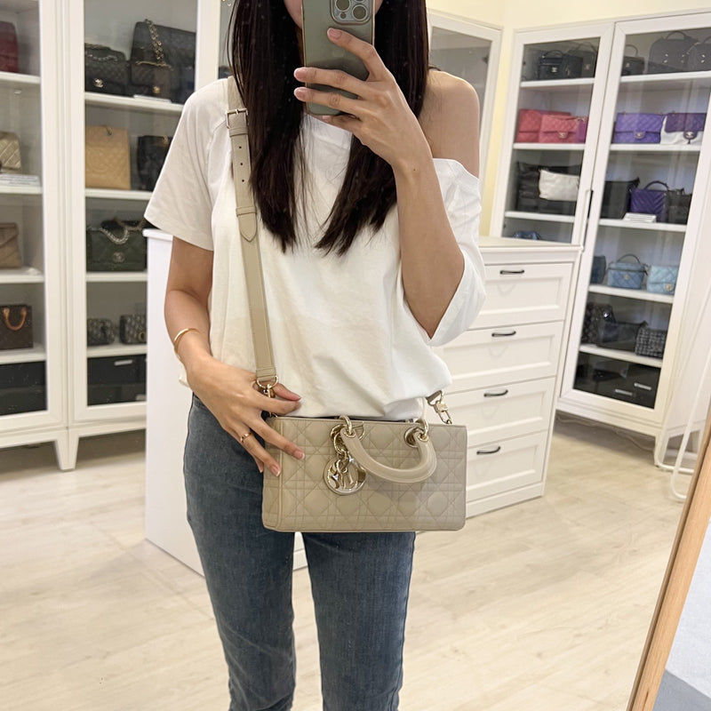 Dior Medium Lady D-Joy Bag in Sand-Coloured (Grey-Beige) Lambskin and GHW (Model: M0540)