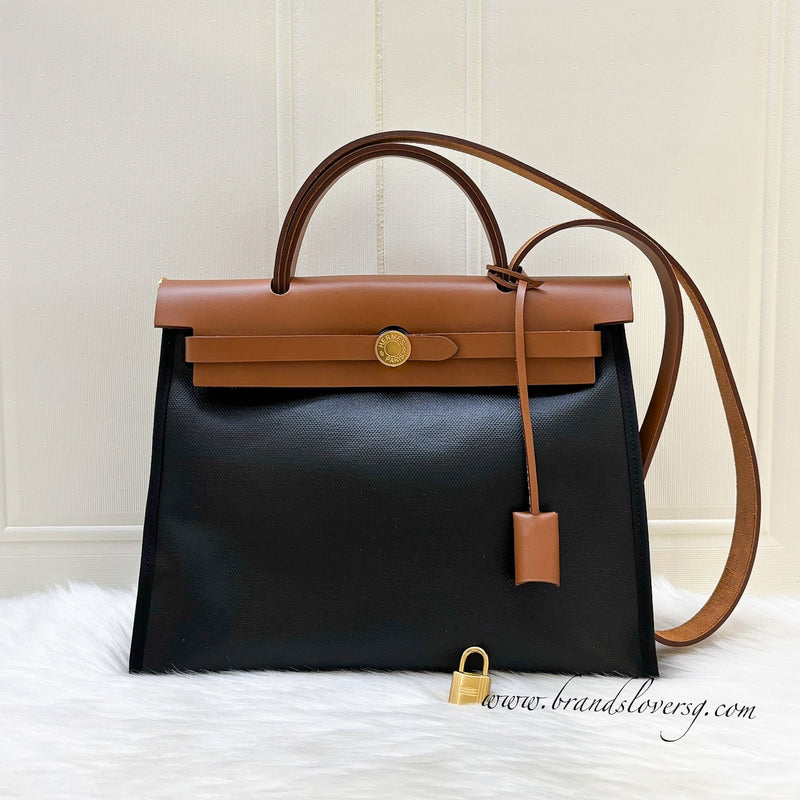 Hermes Herbag Zip 31 in Noir and Ecru / Noir Canvas, Fauve Leather and GHW