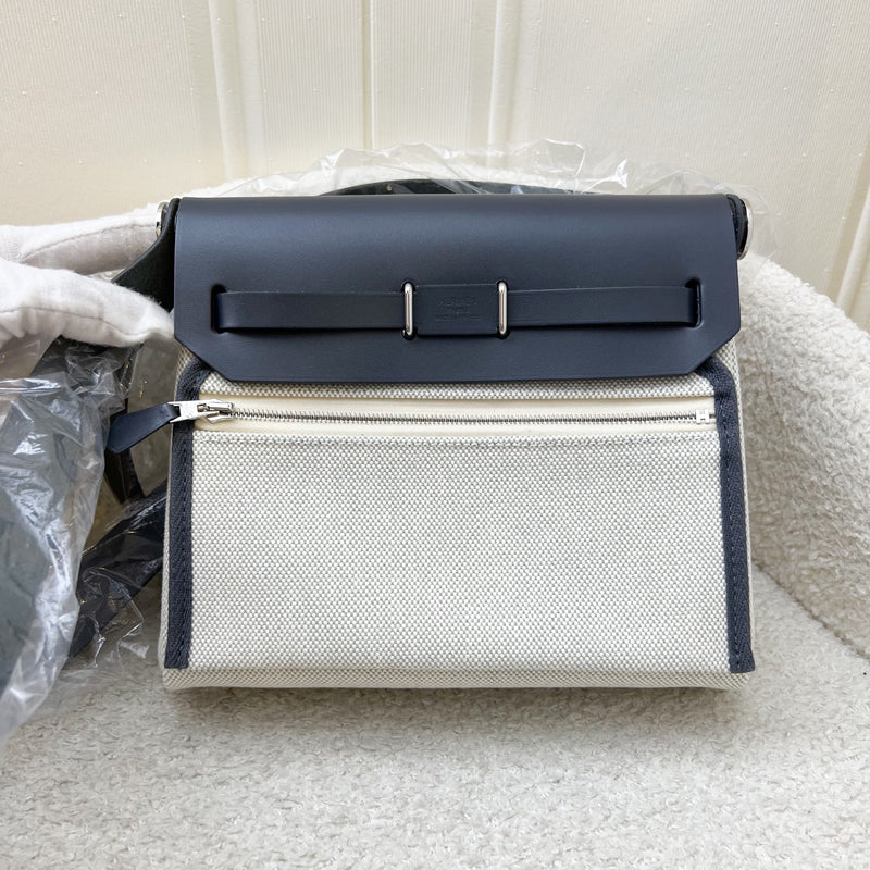 Hermes Mini Herbag Retourne in Ecru-Bleu Glacier Toile H Viking Canvas, Ardoise Vache Hunter Leather and PHW