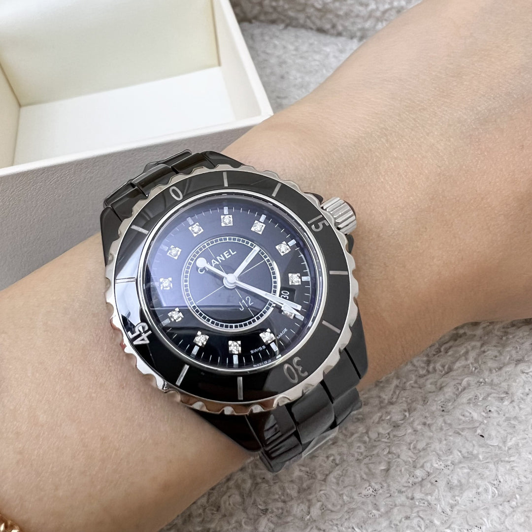 Chanel J12 Watch 33mm with 12 Diamonds in Black Ceramic Bracelet