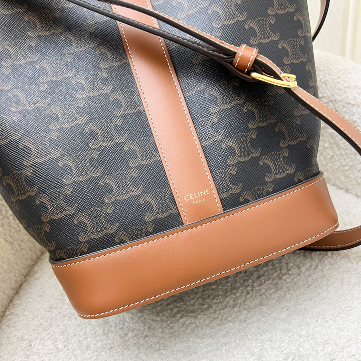 Celine Small Triomphe Bucket Bag in Triomphe Canvas, Tan Calfskin