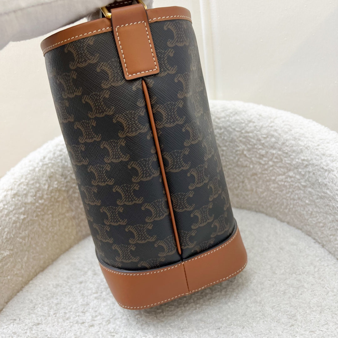 Celine Small Triomphe Bucket Bag in Triomphe Canvas, Tan Calfskin