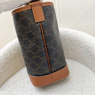 Celine Small Triomphe Bucket Bag in Triomphe Canvas, Tan Calfskin and GHW (Model: 191442CAS.04LU)