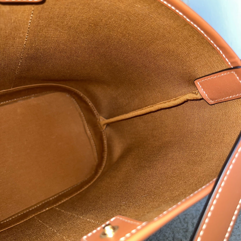 Celine Small Triomphe Bucket Bag in Triomphe Canvas, Tan Calfskin and GHW (Model: 191442CAS.04LU)