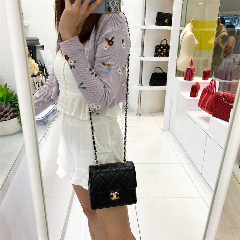 Chanel 22K Mini Square Flap in Black Goatskin GHW