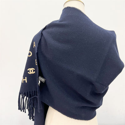 Chanel Scarf in Navy and Gold Letters in Wool + Cashmere