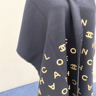 Chanel Scarf in Navy and Gold Letters in Wool + Cashmere