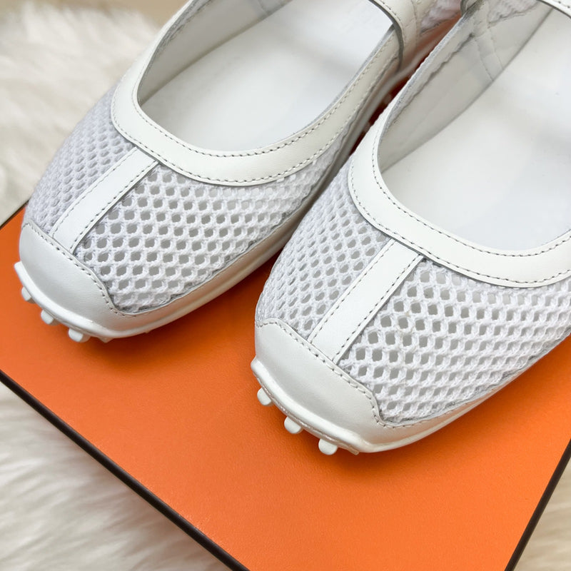 Hermes Kichu Ballet Flats in Blanc White Crochet and Calfskin Sz 35.5