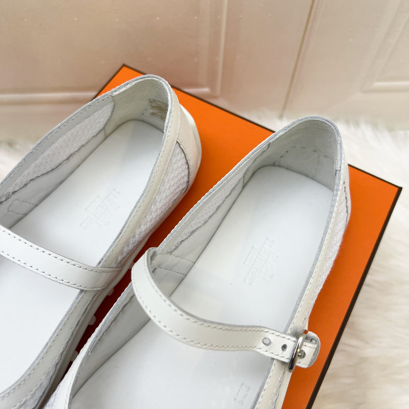 Hermes Kichu Ballet Flats in Blanc White Crochet and Calfskin Sz 35.5