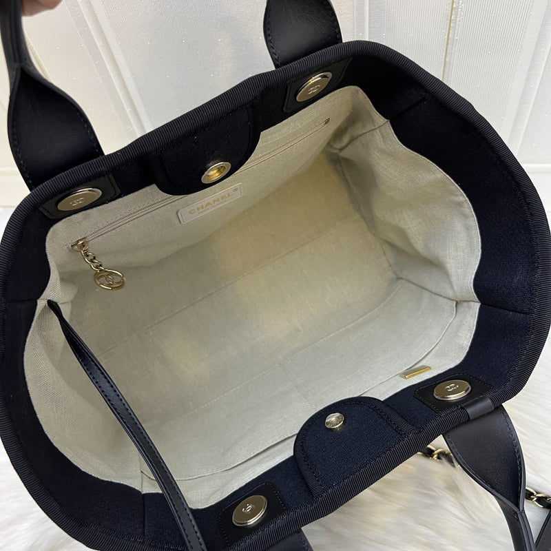 Chanel Small Deauville Shopping Tote in Black Fabric, Black Leather and LGHW