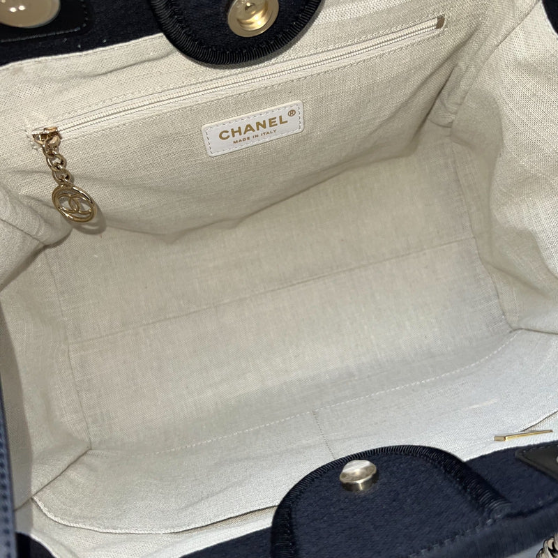 Chanel Small Deauville Shopping Tote in Black Fabric, Black Leather and LGHW