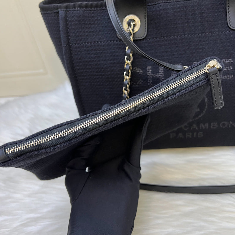 Chanel Small Deauville Shopping Tote in Black Fabric, Black Leather and LGHW