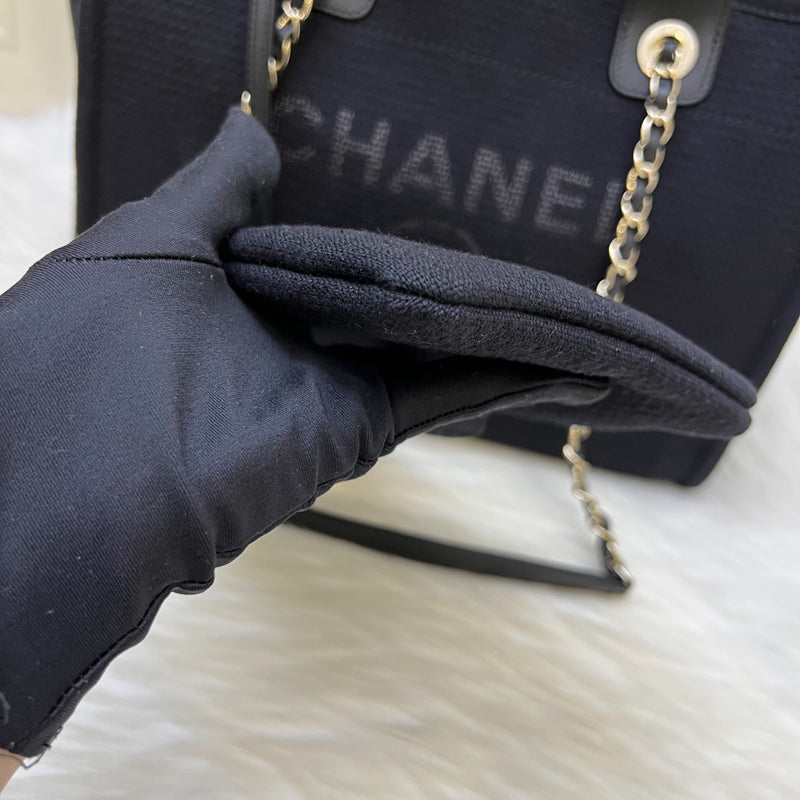 Chanel Small Deauville Shopping Tote in Black Fabric, Black Leather and LGHW