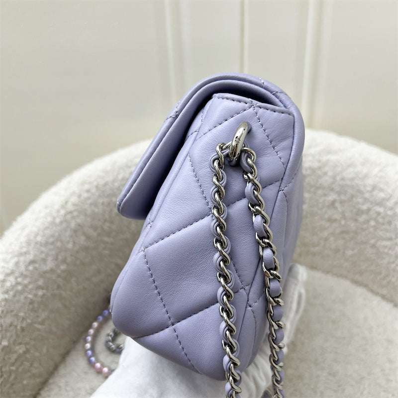 Chanel 21K Perfect Mini Flap Bag in Lilac Lambskin with Pearl and Leather Chain (Adjustable) AGHW