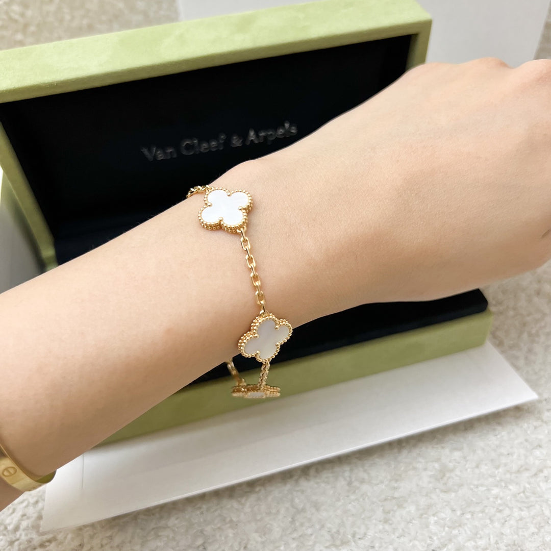 Van Cleef Arpels VCA Vintage Alhambra Motifs Mother-of-Pearl MOP Bracelet in 18K Yellow Gold (Ref: VACRA41800)