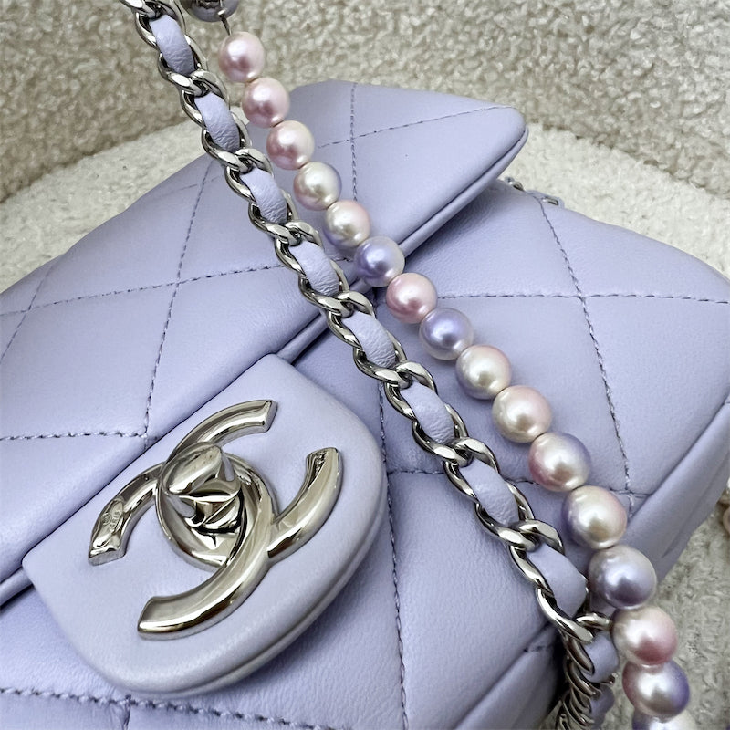 Chanel 21K Perfect Mini Flap Bag in Lilac Lambskin with Pearl and Leather Chain (Adjustable) AGHW