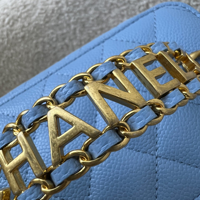 Chanel 22S "Pick Me Up" Vanity with Top Handle in Baby Blue Caviar and AGHW (Model: AP2805)