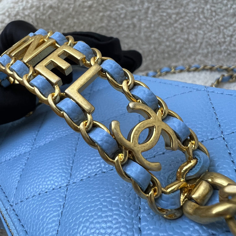 Chanel 22S "Pick Me Up" Vanity with Top Handle in Baby Blue Caviar and AGHW (Model: AP2805)