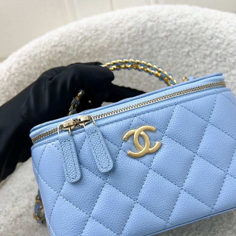Chanel 22S "Pick Me Up" Vanity with Top Handle in Baby Blue Caviar and AGHW (Model: AP2805)
