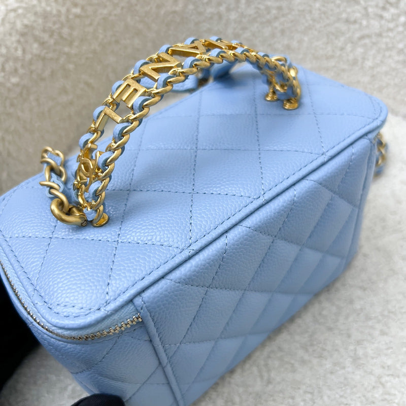 Chanel 22S "Pick Me Up" Vanity with Top Handle in Baby Blue Caviar and AGHW (Model: AP2805)