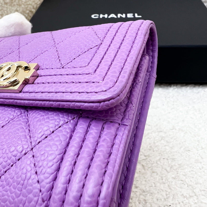 Chanel Boy Compact Trifold Wallet in 20C Purple Caviar and Shiny LGHW
