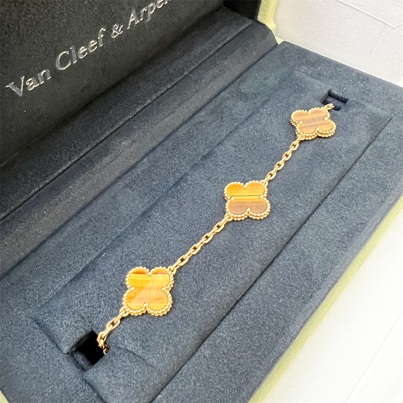 Van Cleef & Arpels VCA Vintage Alhambra 5 Motifs Bracelet with Tiger Eye in 18K Yellow Gold
