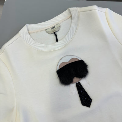 Fendi Karl Lagerfeld Embroidery with Mink Fur Ladies Cotton Nylon Top in White Size 38