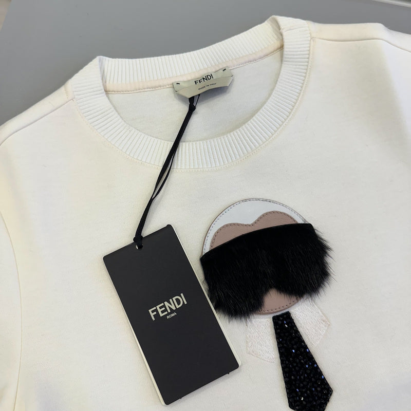 Fendi Karl Lagerfeld Embroidery with Mink Fur Ladies Cotton Nylon Top in White Size 38