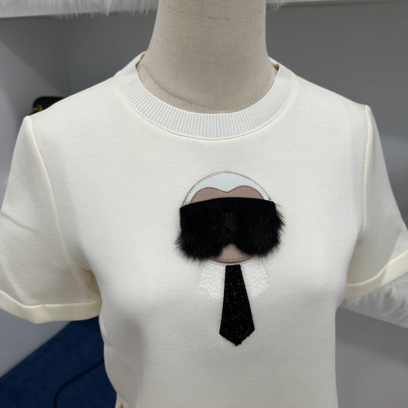 Fendi Karl Lagerfeld Embroidery with Mink Fur Ladies Cotton Nylon Top in White Size 38