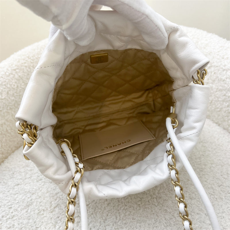 Chanel 22 Mini Hobo Bag in White Calfskin and GHW with Black Logo