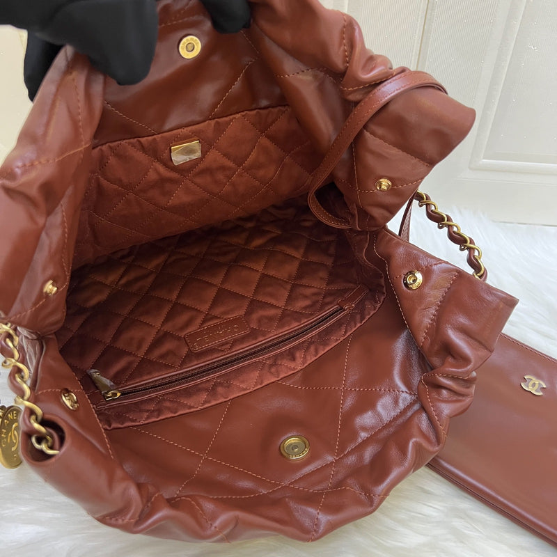 Chanel 22 Small Hobo Handbag in 24A Cognac Brown Shiny Calfskin and AGHW (Model: AS3260)