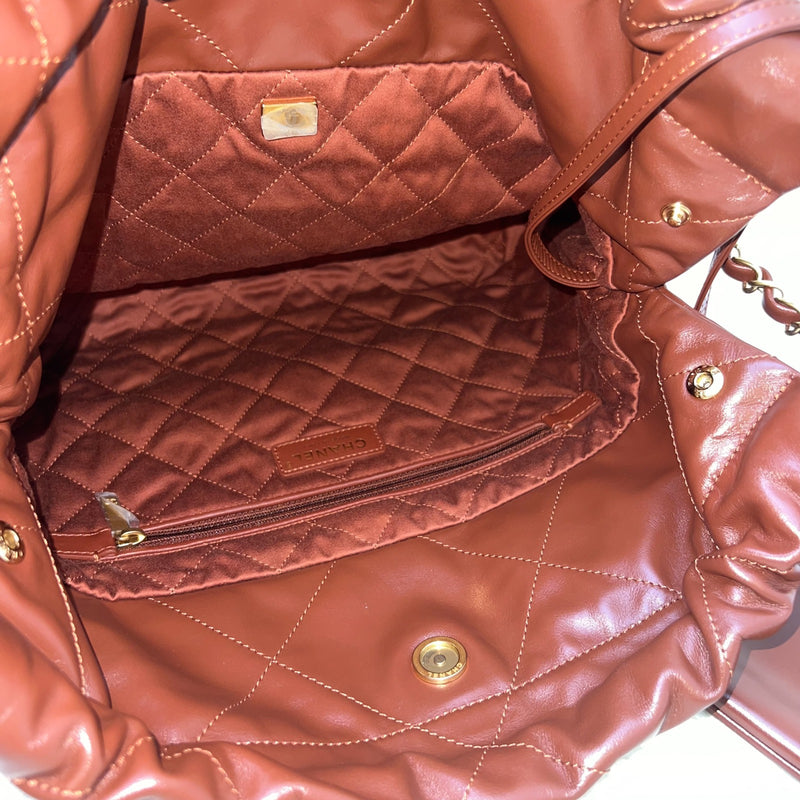 Chanel 22 Small Hobo Handbag in 24A Cognac Brown Shiny Calfskin and AGHW (Model: AS3260)