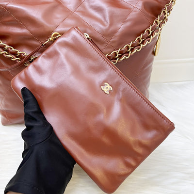 Chanel 22 Small Hobo Handbag in 24A Cognac Brown Shiny Calfskin and AGHW (Model: AS3260)