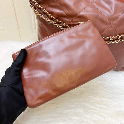 Chanel 22 Small Hobo Handbag in 24A Cognac Brown Shiny Calfskin and AGHW (Model: AS3260)