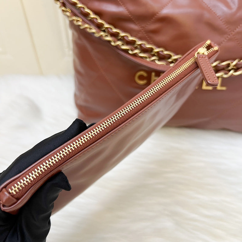 Chanel 22 Small Hobo Handbag in 24A Cognac Brown Shiny Calfskin and AGHW (Model: AS3260)