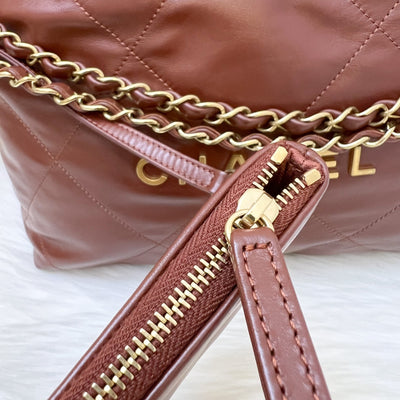 Chanel 22 Small Hobo Handbag in 24A Cognac Brown Shiny Calfskin and AGHW (Model: AS3260)